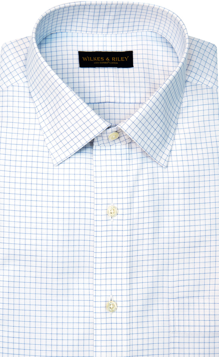 Slim Fit Blue Twill Check Spread Collar ...